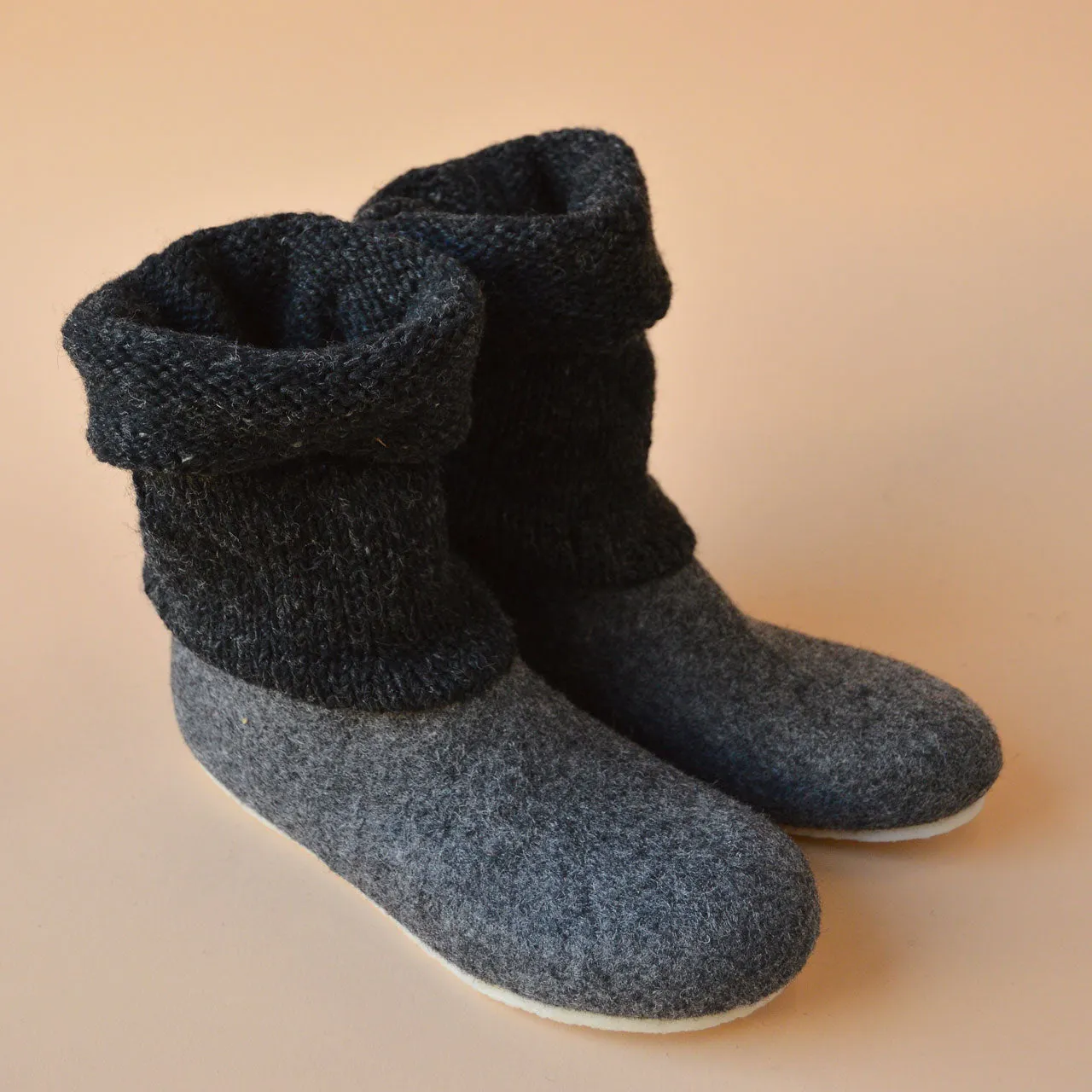 Nadia Slipper Boots - Wool Felt with Hand Knitted Cuff (Adults 36-42)