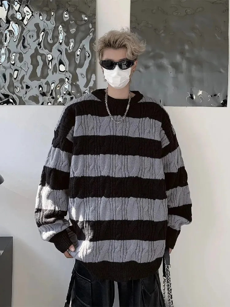 Stripe Fried Dough Twists Sweater Men's Autumn and Winter New Fashion Brand Loose Versatile Color Matching Knit Coat