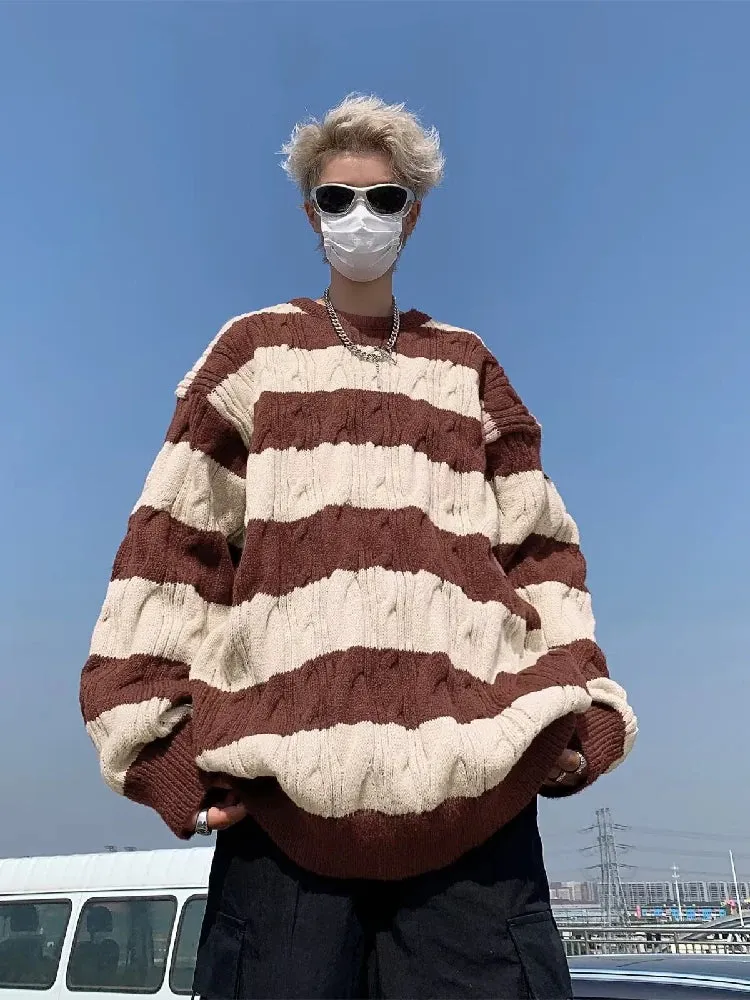 Stripe Fried Dough Twists Sweater Men's Autumn and Winter New Fashion Brand Loose Versatile Color Matching Knit Coat