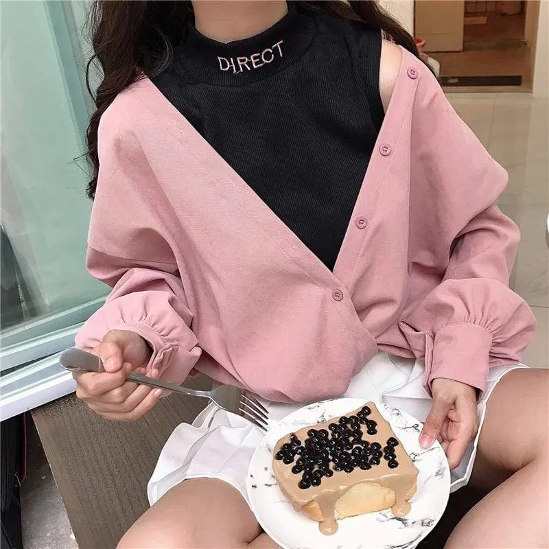 Vintage Single-breasted Puff Sleeved Shirt