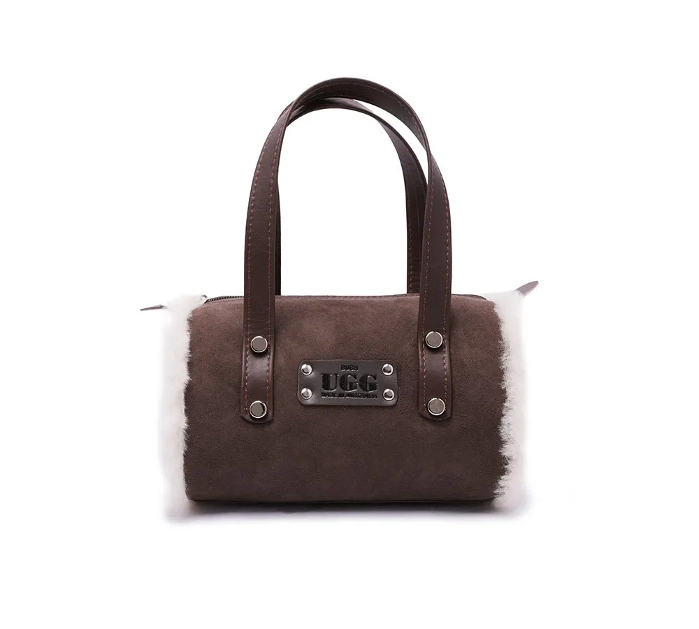 Women Sheepskin Wool Small Hand Carry Zip Barrell Bag