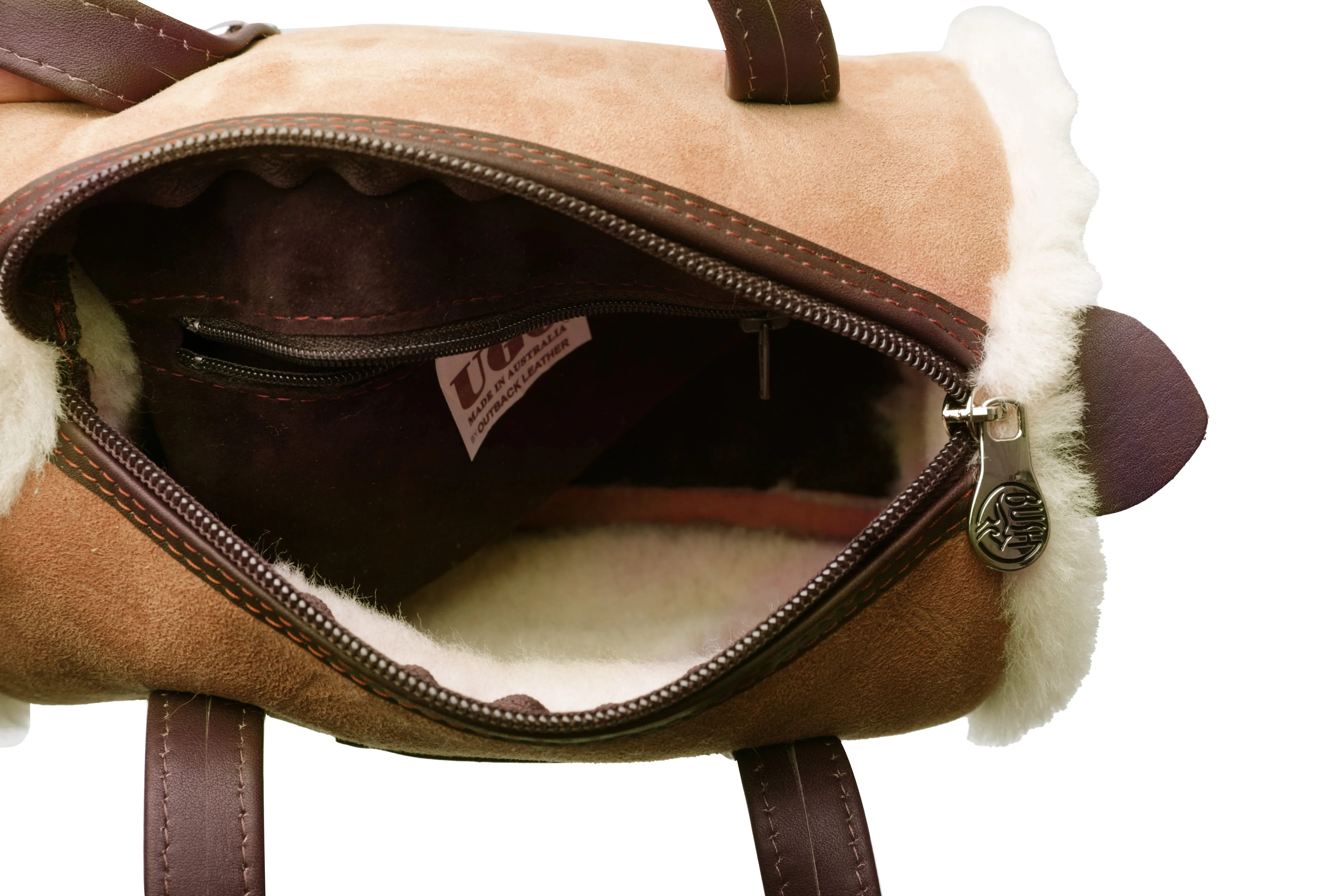 Women Sheepskin Wool Small Hand Carry Zip Barrell Bag