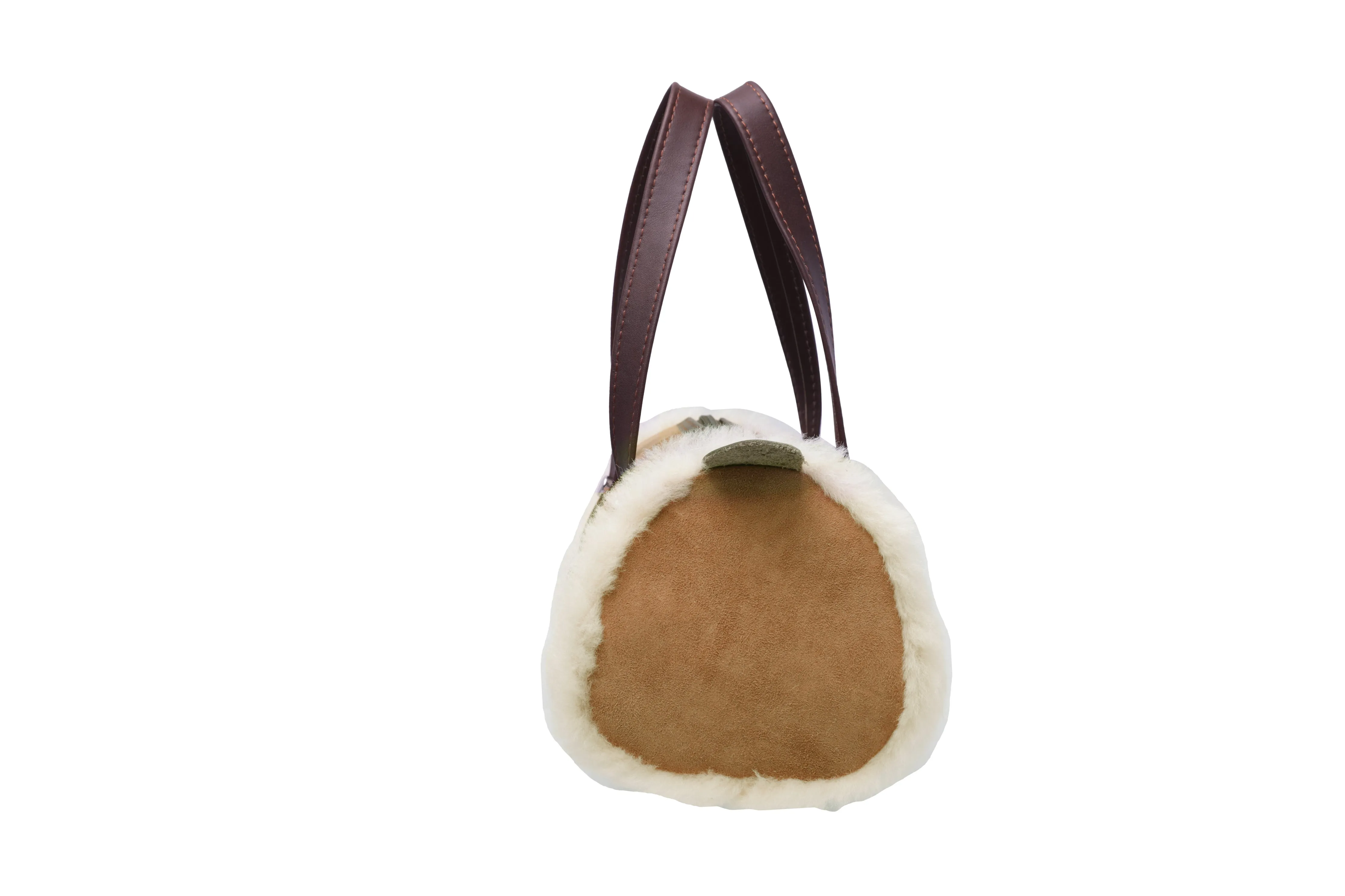 Women Sheepskin Wool Small Hand Carry Zip Barrell Bag