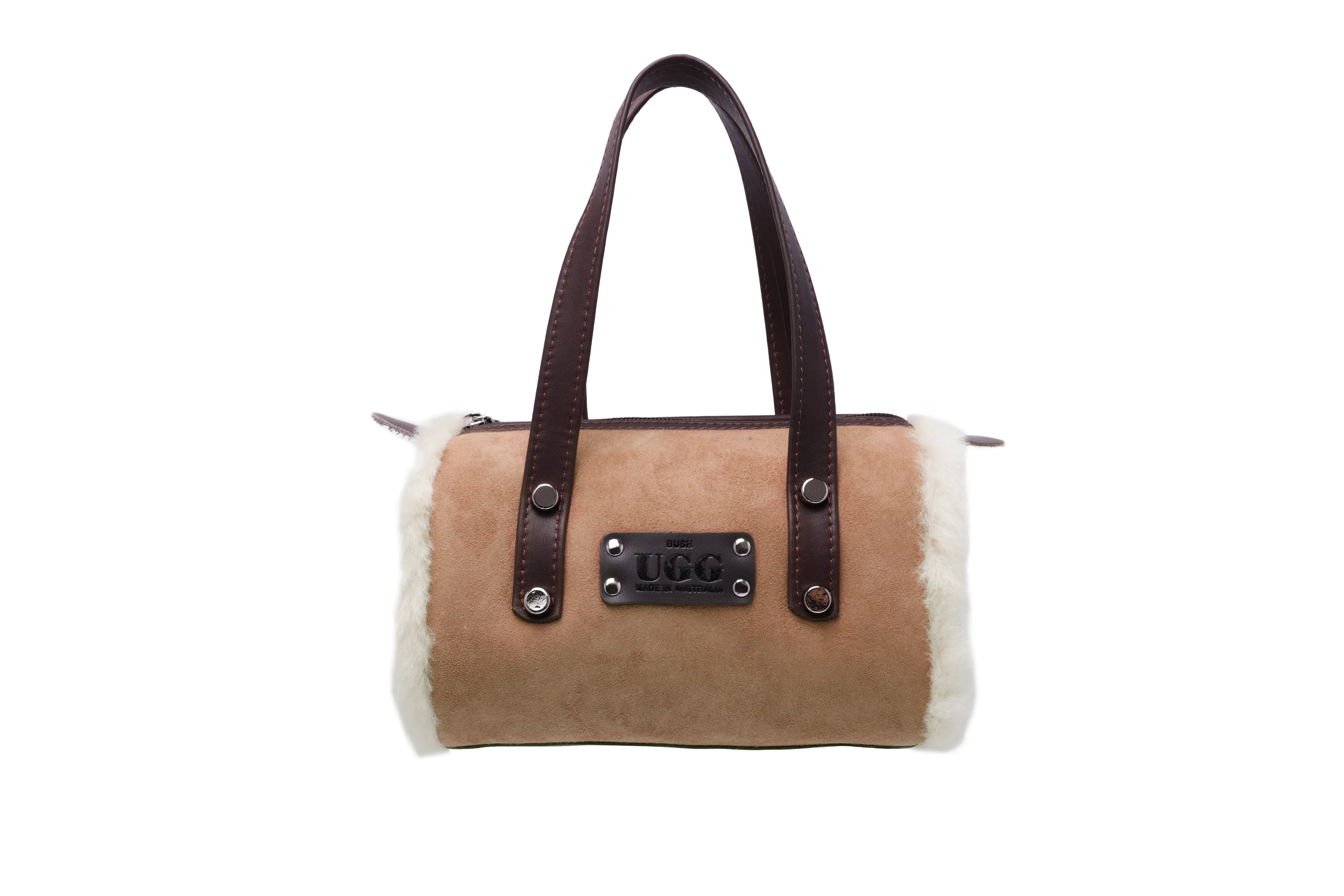 Women Sheepskin Wool Small Hand Carry Zip Barrell Bag