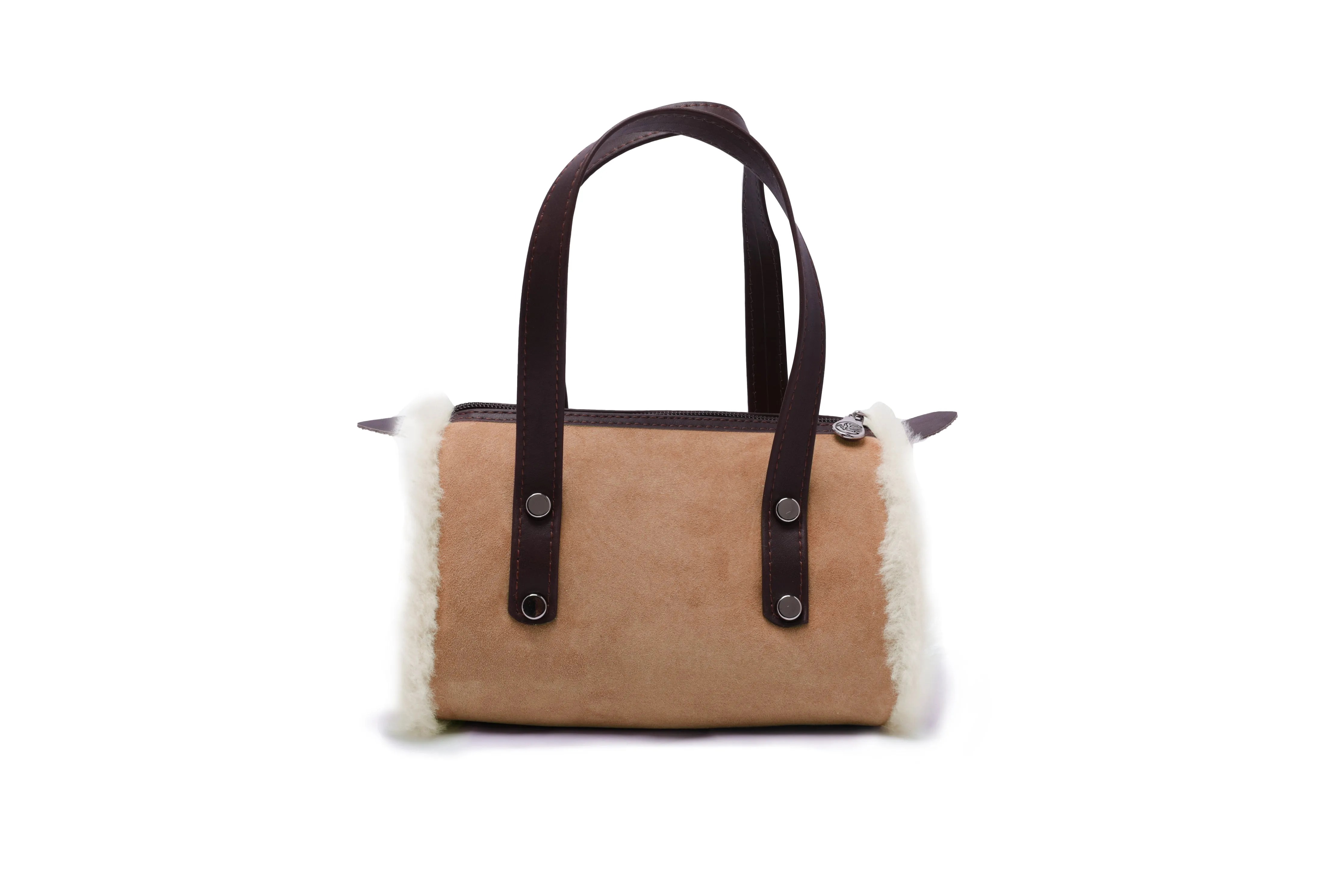 Women Sheepskin Wool Small Hand Carry Zip Barrell Bag