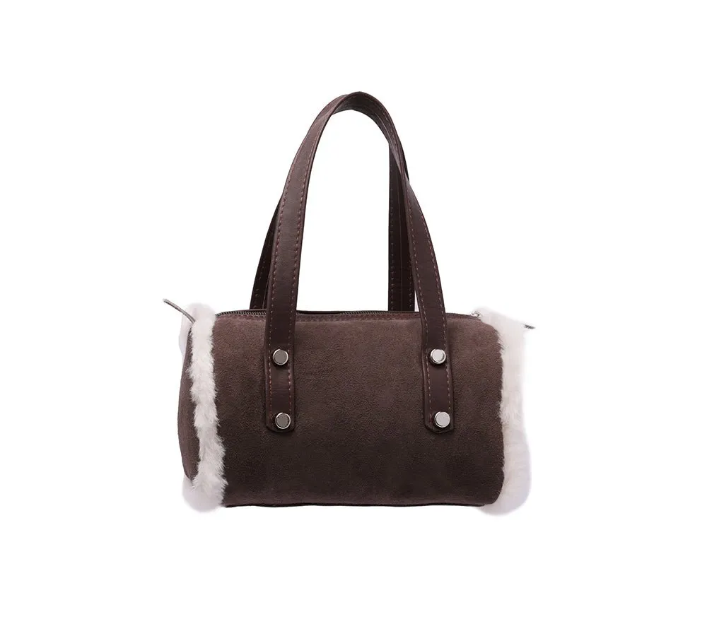 Women Sheepskin Wool Small Hand Carry Zip Barrell Bag