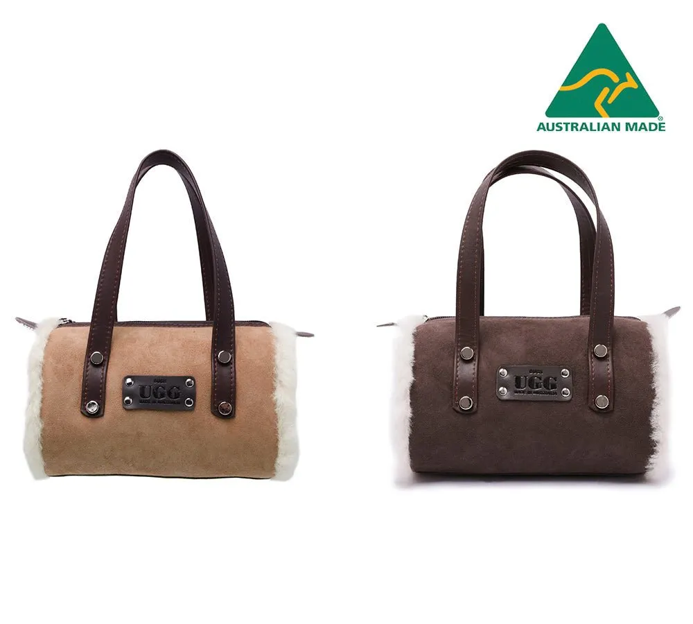 Women Sheepskin Wool Small Hand Carry Zip Barrell Bag