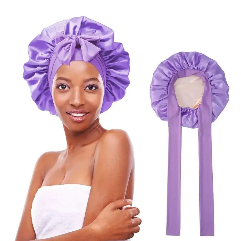 Women's Double Layered Silk Bonnet Hair Care Sleeping Hat with Elastic Tie Band"