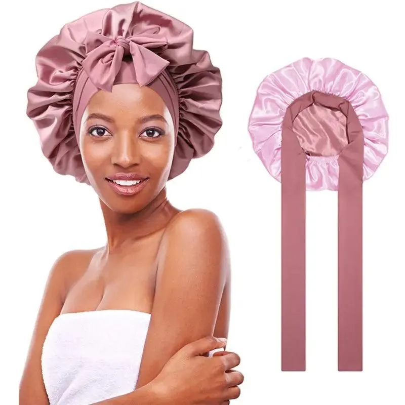 Women's Double Layered Silk Bonnet Hair Care Sleeping Hat with Elastic Tie Band"