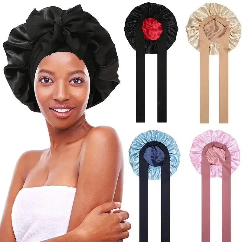 Women's Double Layered Silk Bonnet Hair Care Sleeping Hat with Elastic Tie Band"