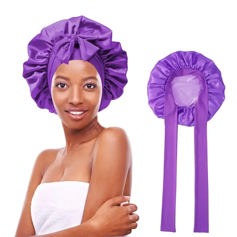 Women's Double Layered Silk Bonnet Hair Care Sleeping Hat with Elastic Tie Band"